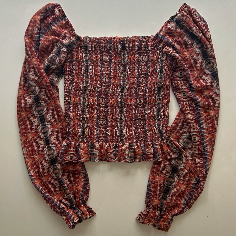 Leyden Rust Multi Smocked Square Neck Puff Sleeve Crop Blouse Long Sleeve Size M
